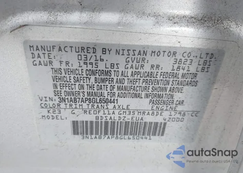 2016 Nissan Sentra S из США, поврежденный, VIN 3N1AB7AP8GL650441